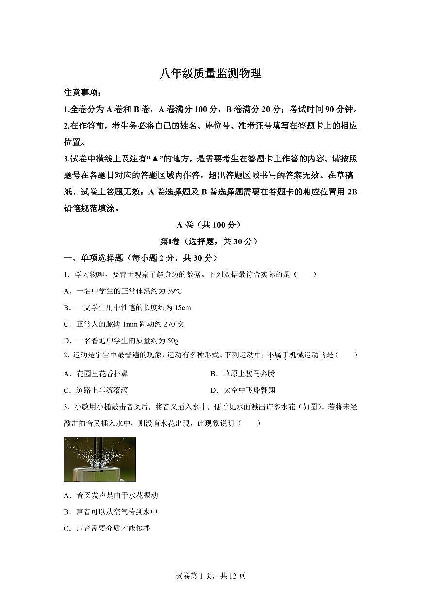 四川省成都市邛崃市2024~2025学年八年级上册期末检测物理试卷[附解析]第1页