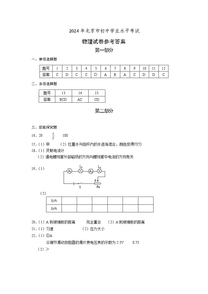 2024北京物理中考题--答案第1页