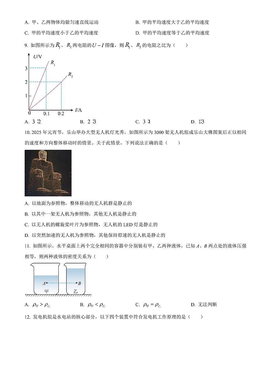 2025年四川省乐山市初中学业水平考试中考物理真题试卷(中考真题+答案)第3页
