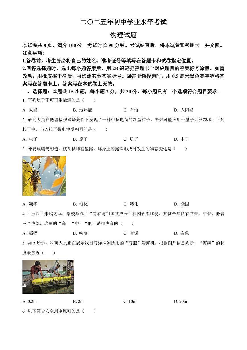 2025年山东省初中学业水平考试中考物理真题试卷(中考真题+答案)第1页
