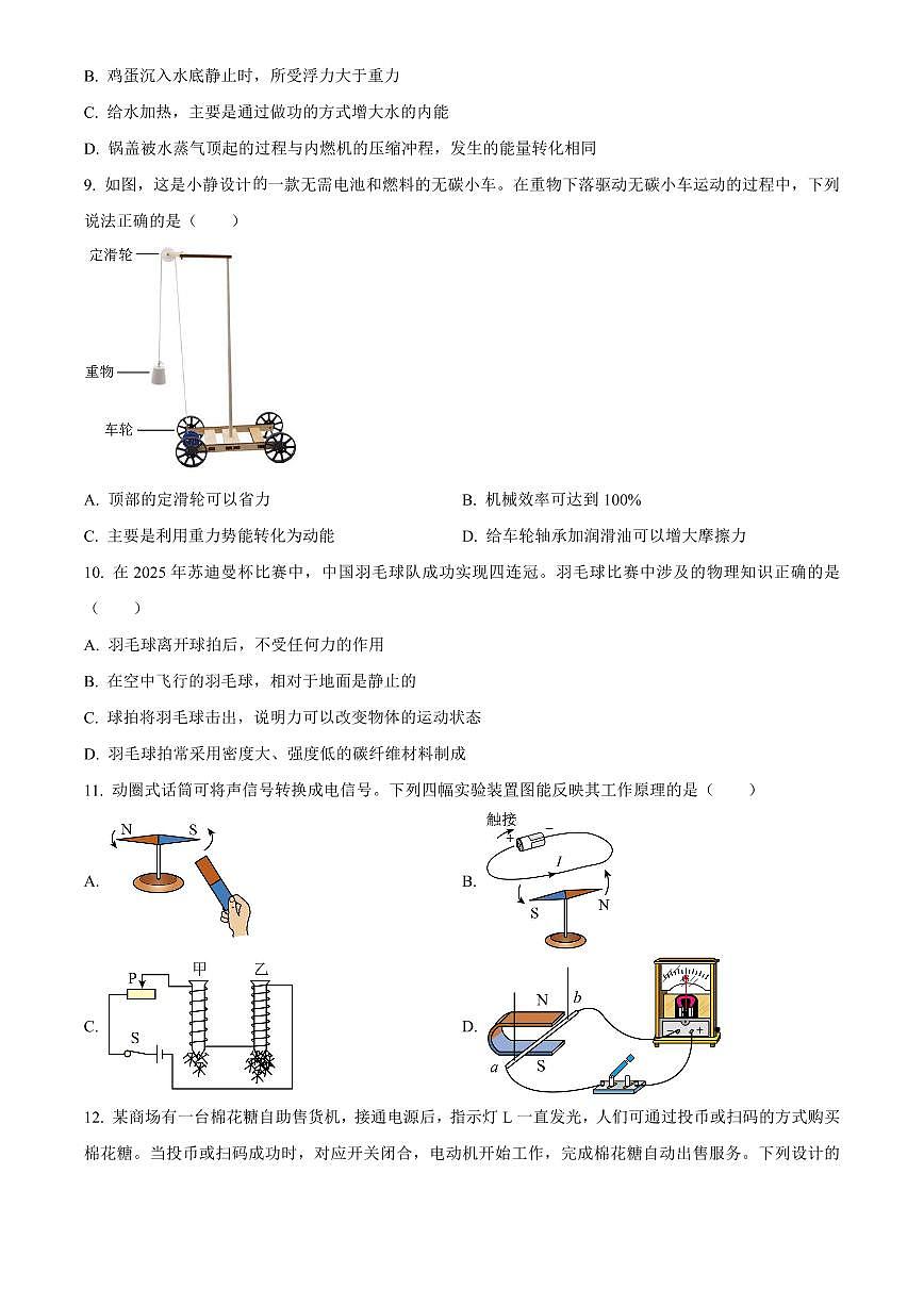 2025年湖南省初中学业水平考试中考物理真题试卷(中考真题+答案)第3页