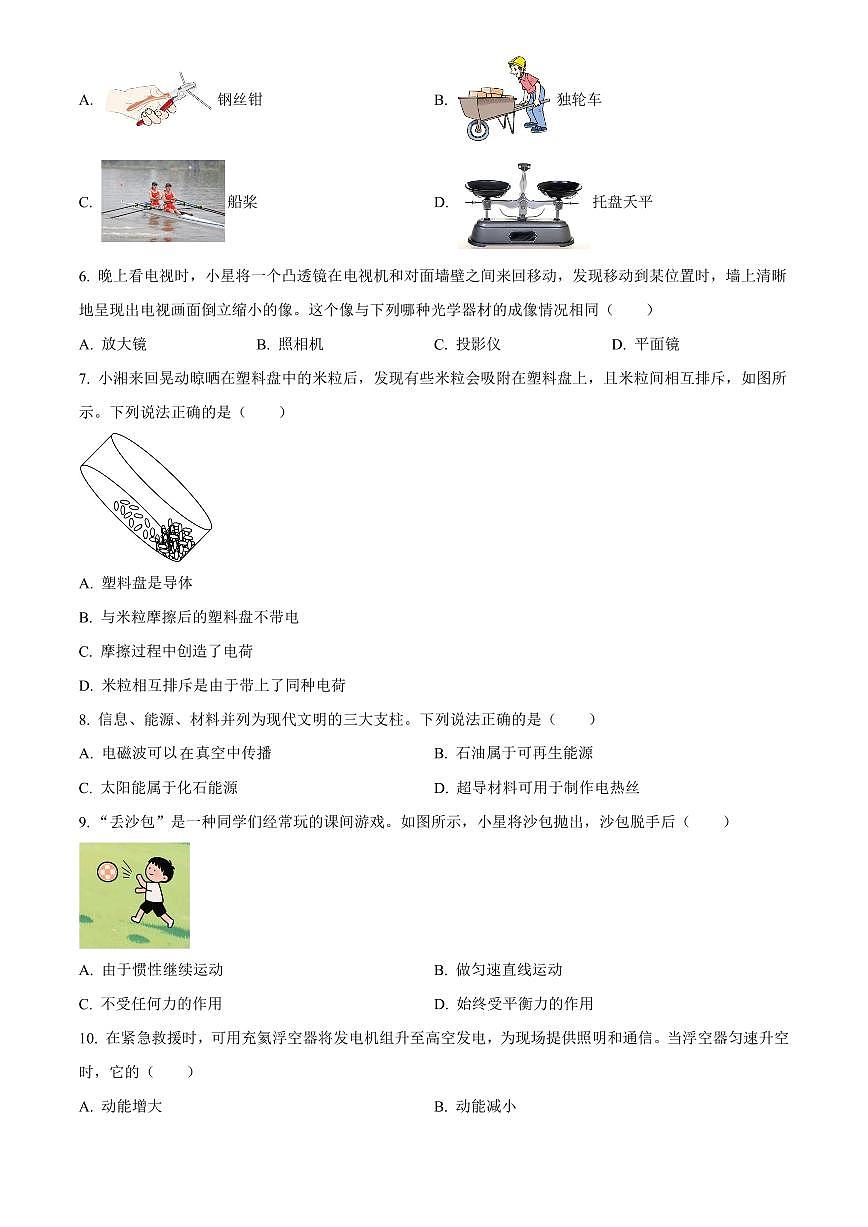 2025年湖南省长沙市初中学业水平考试中考物理真题试卷(中考真题+答案)第2页