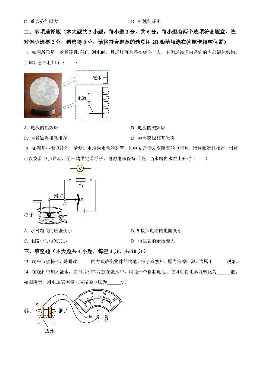 2025年湖南省长沙市初中学业水平考试中考物理真题试卷(中考真题+答案)第3页