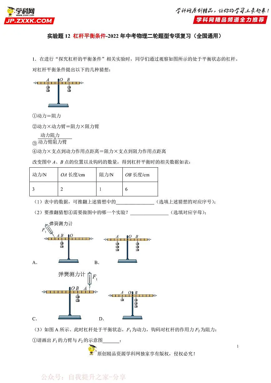 实验题12 杠杆平衡条件-中考物理二轮题型专项复习（全国通用） 练习题含参考答案第1页