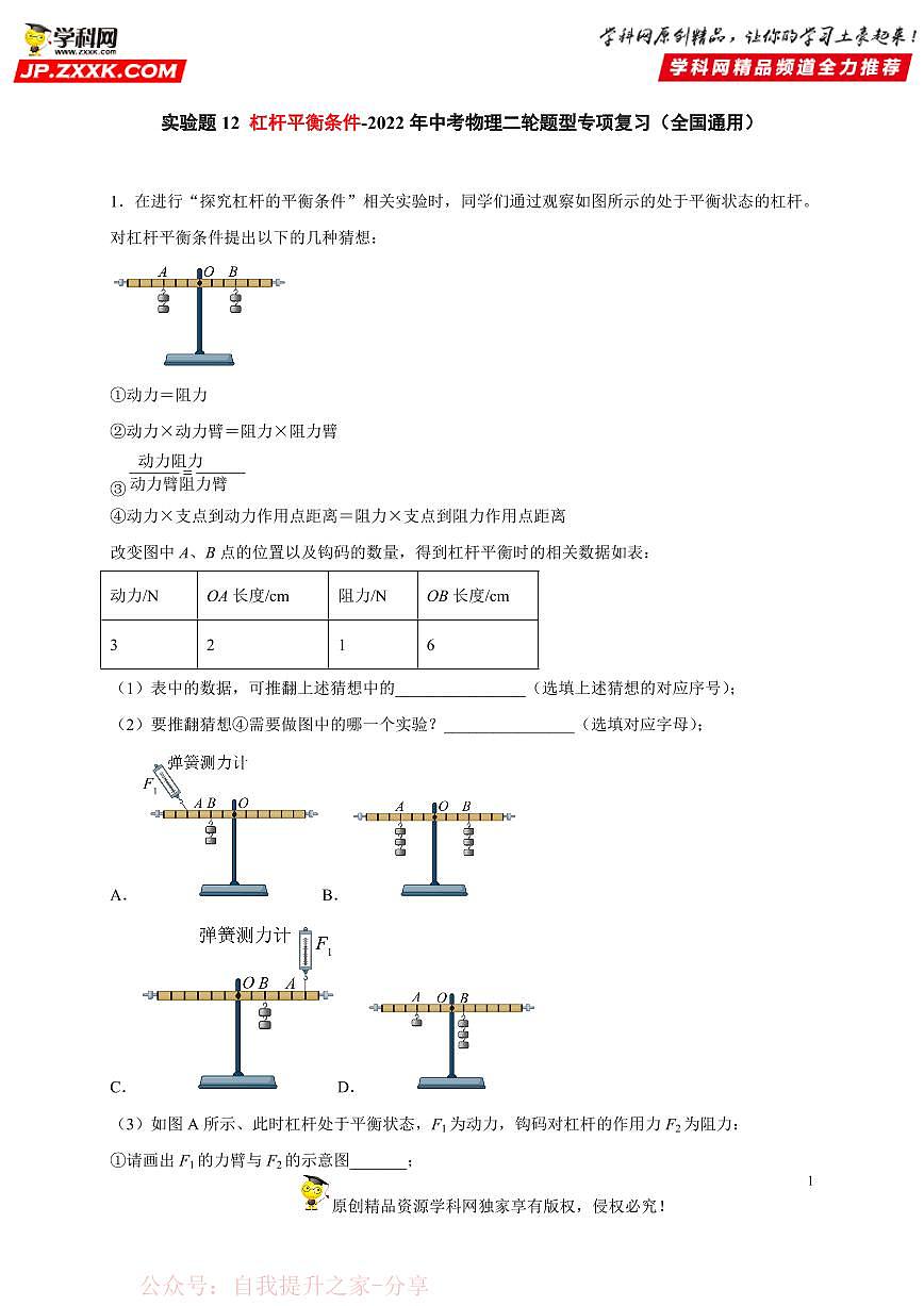 实验题12 杠杆平衡条件-中考物理二轮题型专项复习（全国通用） 练习题含参考答案第1页