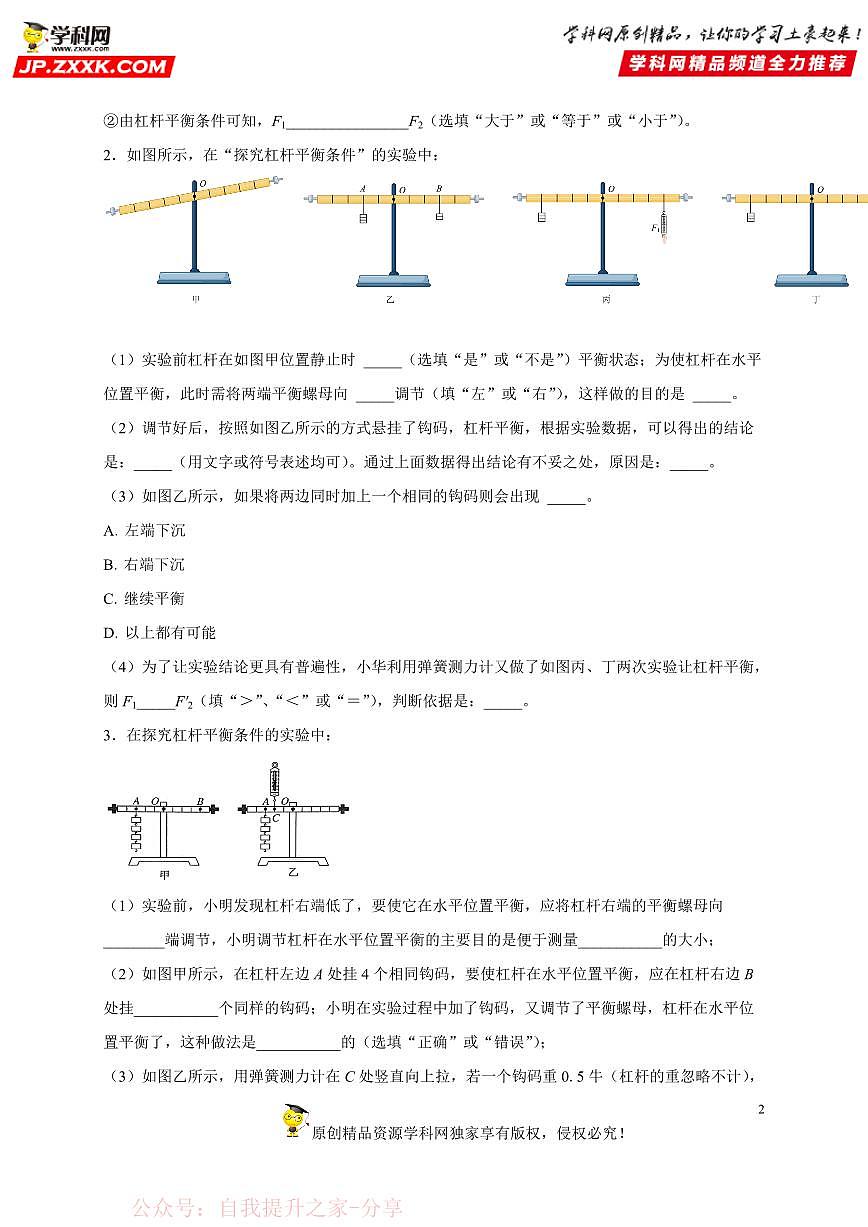 实验题12 杠杆平衡条件-中考物理二轮题型专项复习（全国通用） 练习题含参考答案第2页