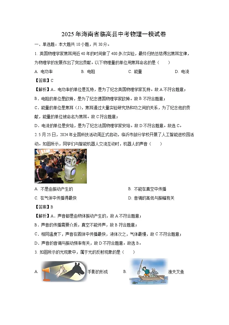 2025年海南省临高县中考一模[中考模拟]物理试卷（解析版）第1页