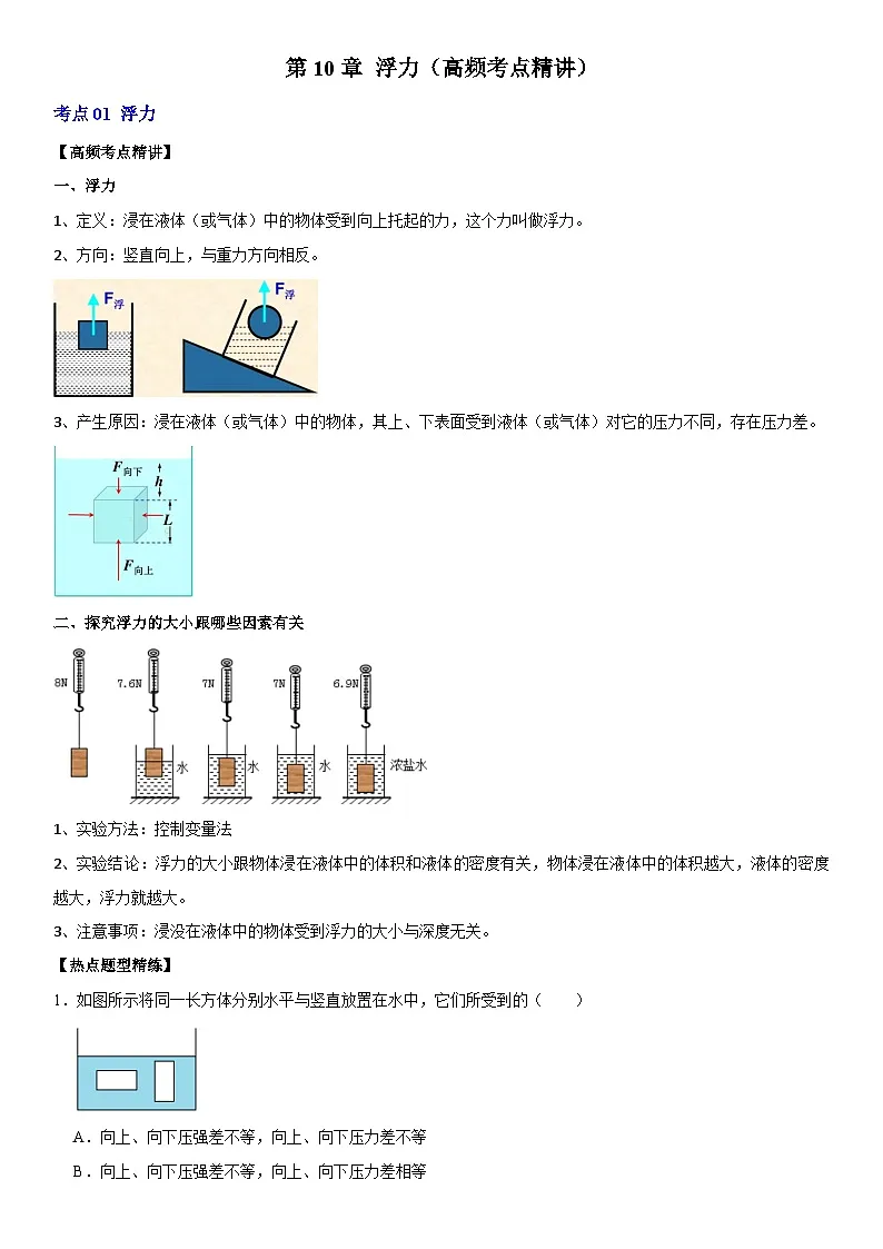 第10章 浮力（高频考点精讲）（原卷版）第1页