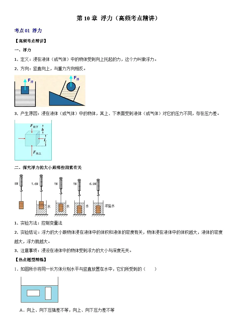 第10章 浮力（高频考点精讲）（解析版）第1页