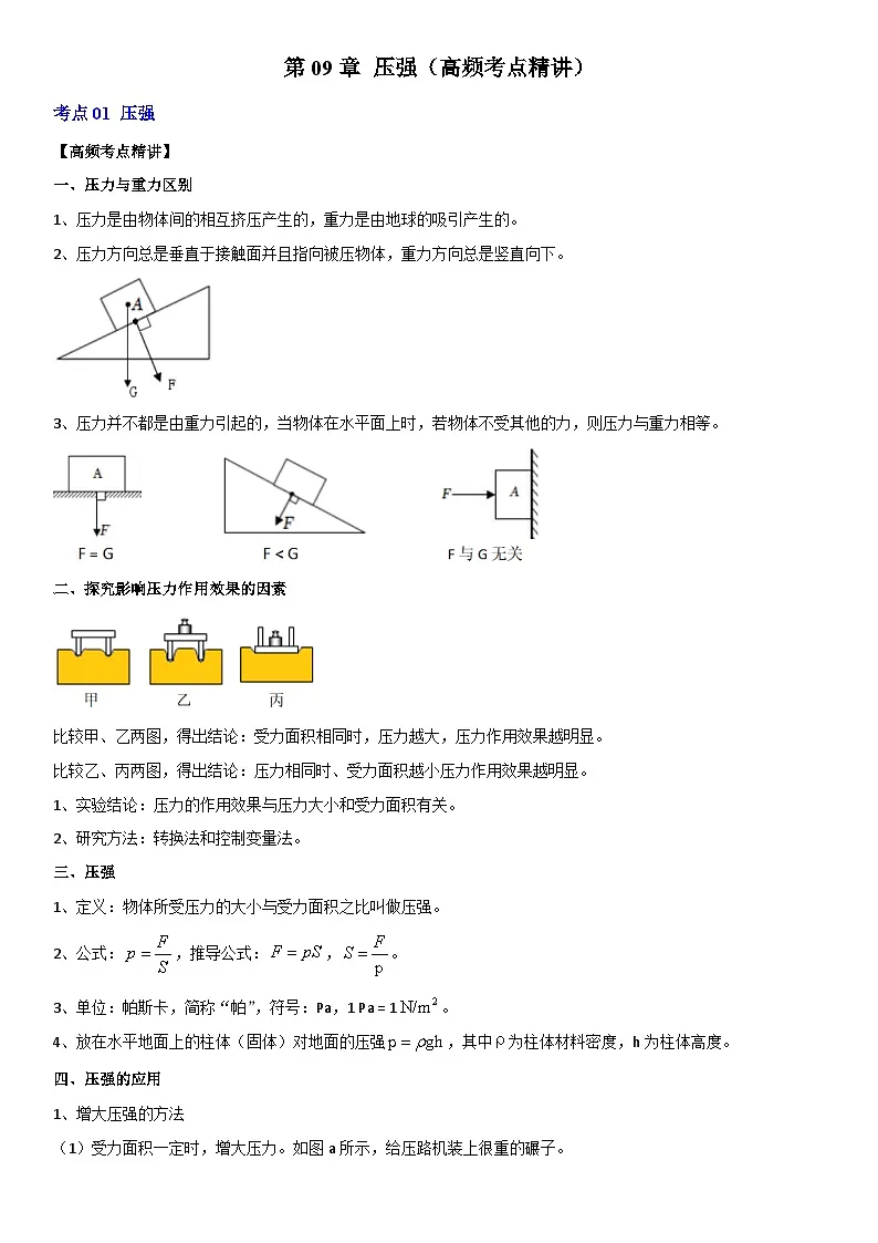 第09章 压强（高频考点精讲）（解析版）第1页
