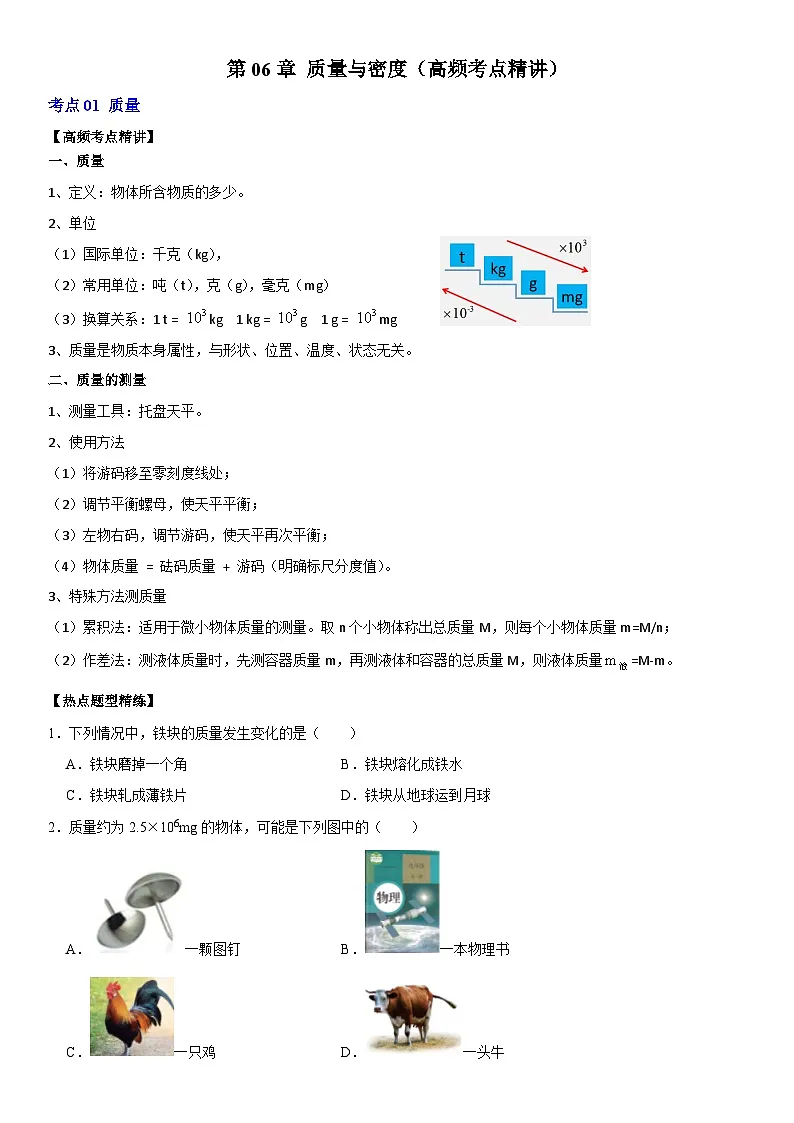 第06章 质量与密度（高频考点精讲）（原卷版）第1页
