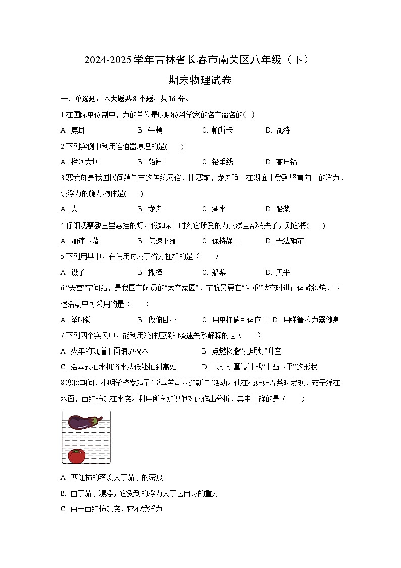 吉林省长春市南关区2024-2025学年下学期八年级期末考试 物理试卷（解析版）第1页