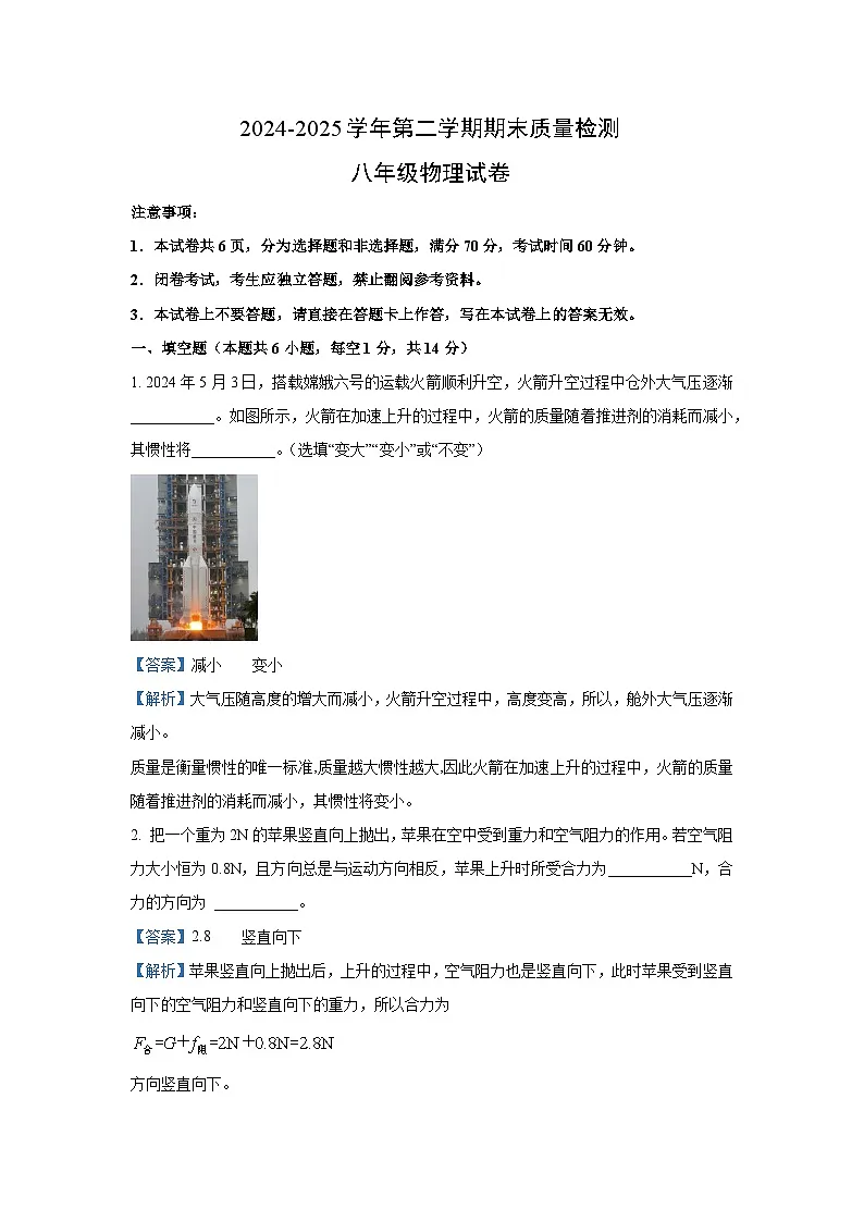 河南省洛阳市宜阳县2024-2025学年八年级下学期期末考试物理试卷（解析版）第1页