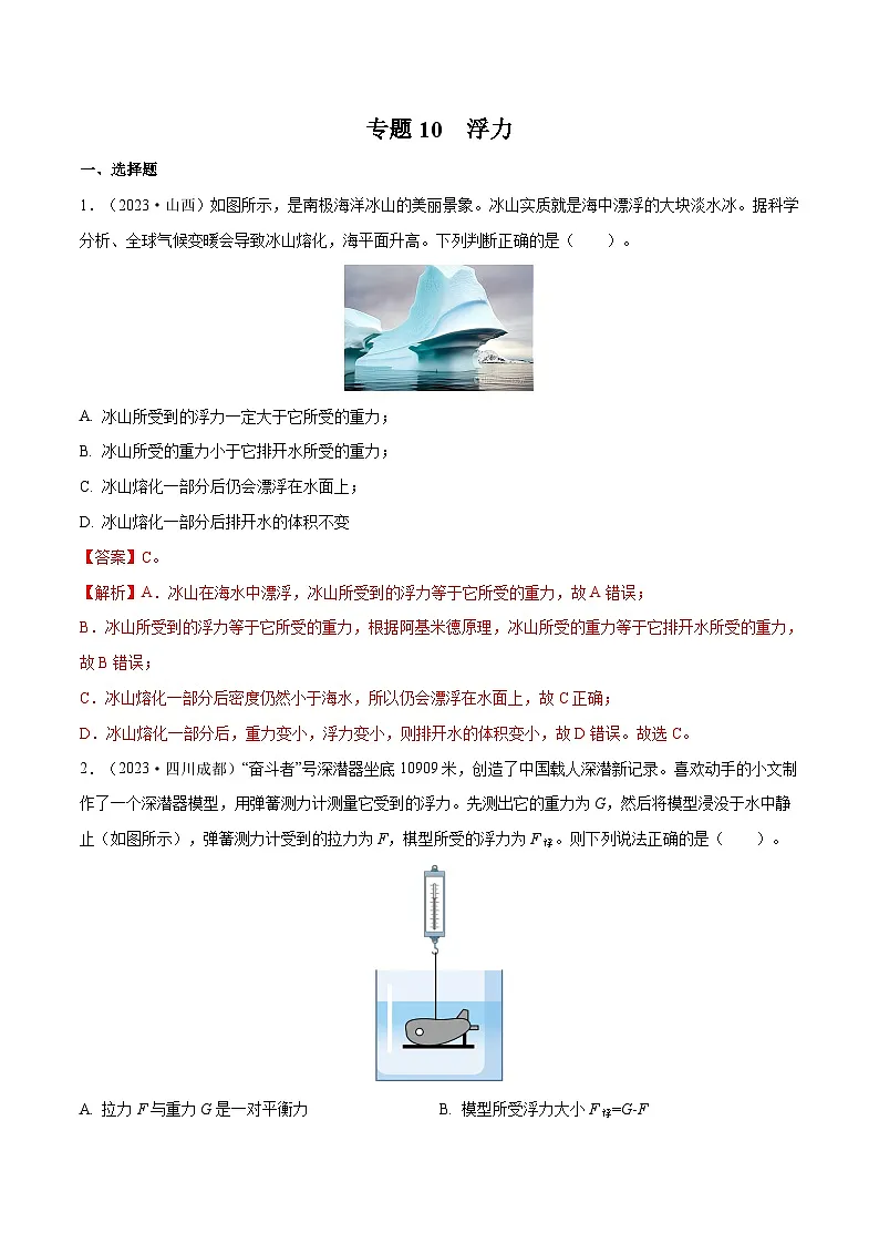 专题10 浮力【考点巩固】（解析版）第1页