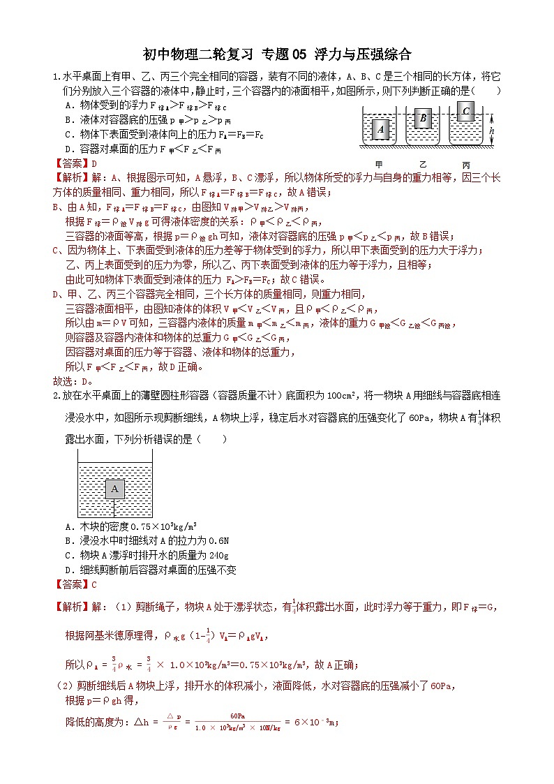 专题练习05浮力与压强综合（解析版）第1页