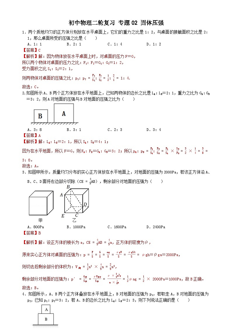 专题练习02固体压强（解析版）第1页