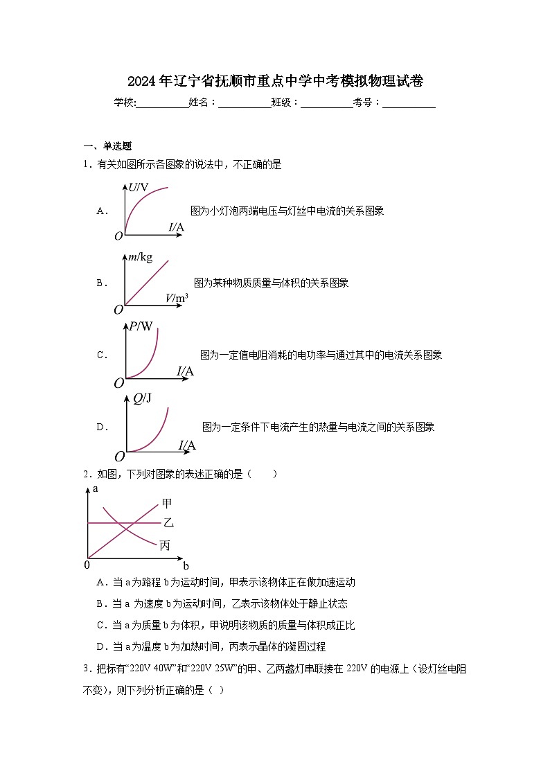 2024年辽宁省抚顺市重点中学中考模拟物理试卷第1页