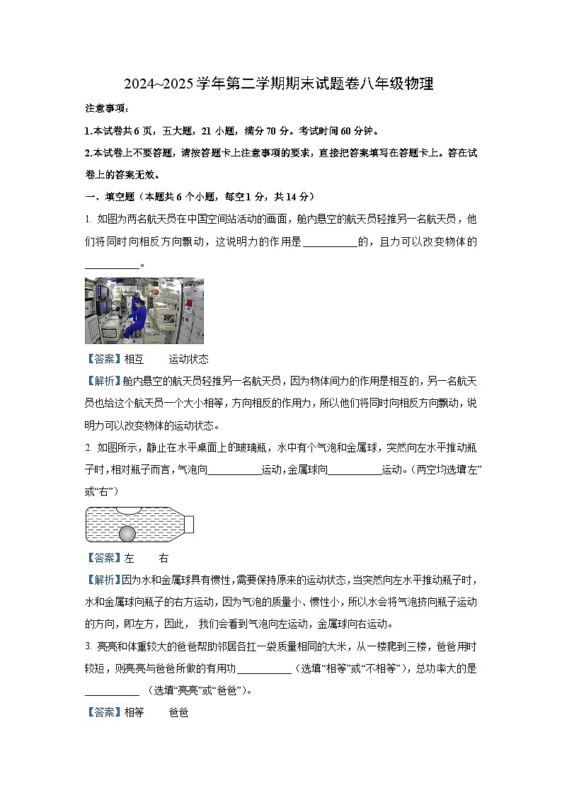 河南省平顶山市2024-2025学年八年级下学期期末(2)物理试卷（解析版）第1页