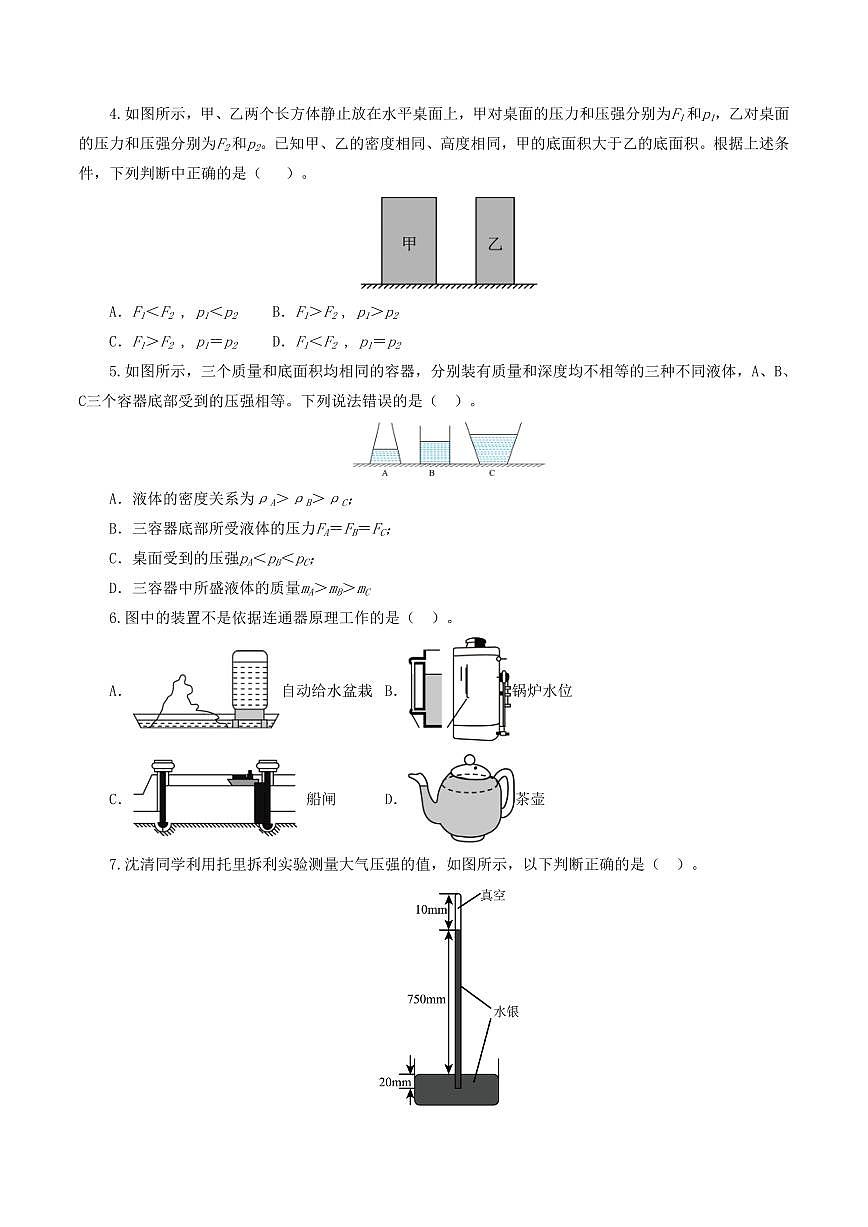 专题10 压强（测试）（原卷版）第2页