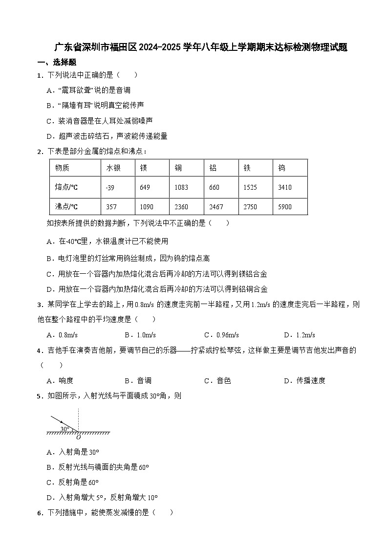 广东省深圳市福田区2024-2025学年八年级上学期期末达标检测物理试题第1页