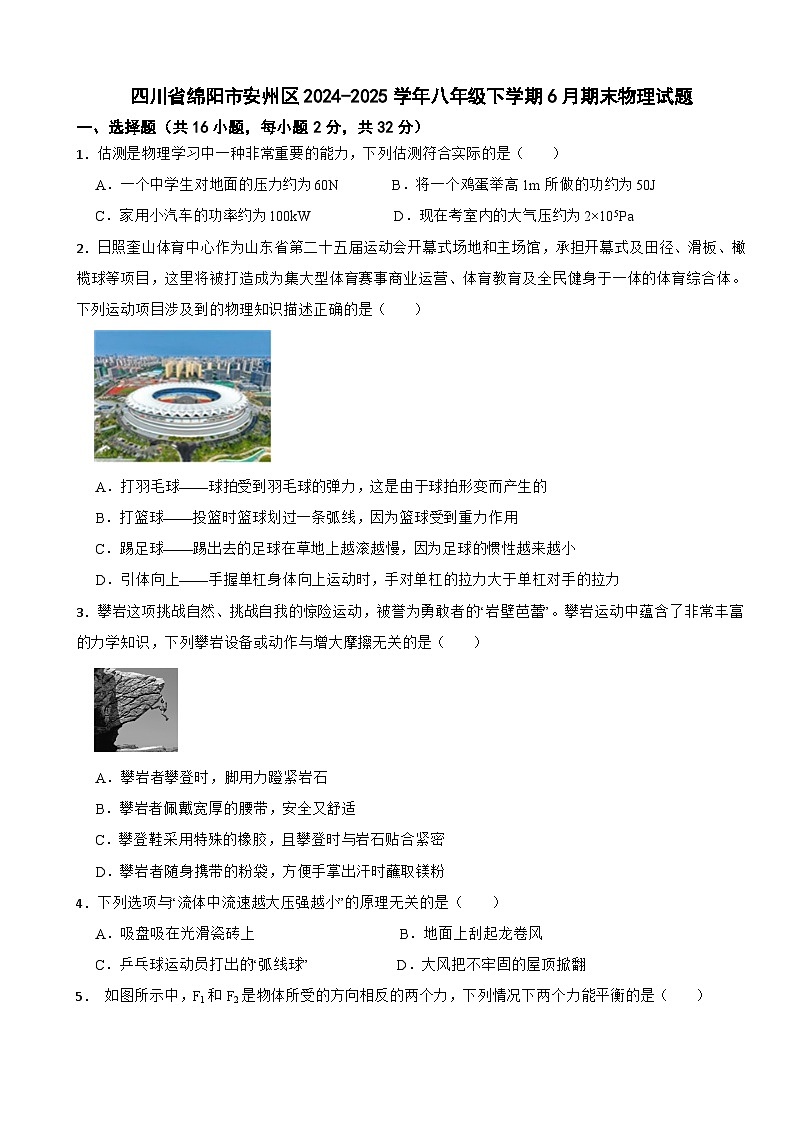 四川省绵阳市安州区2024-2025学年八年级下学期6月期末物理试题第1页