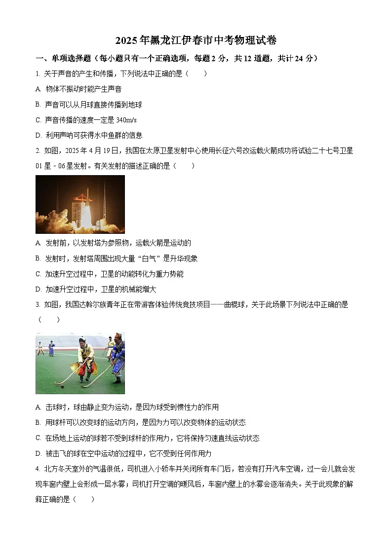 2025年黑龙江省龙东地区中考物理试题（原卷版）第1页