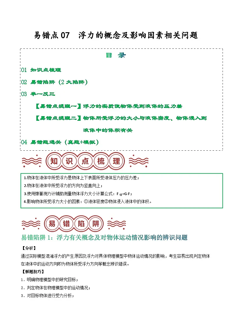 易错点07 浮力的概念及影响因素相关问题（解析版）第1页