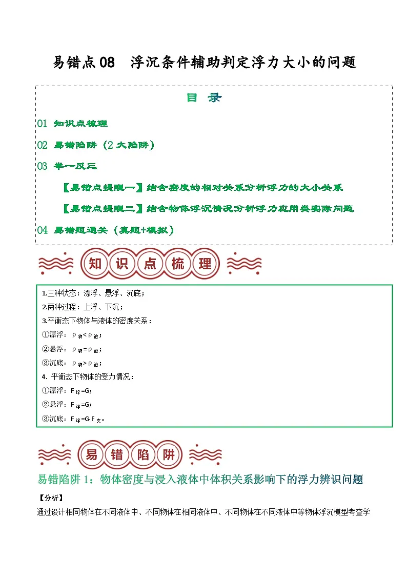 易错点08 浮沉条件辅助判定浮力大小的问题（原卷版）第1页