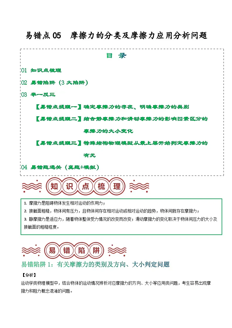易错点05 摩擦力的分类及摩擦力应用分析问题（原卷版）第1页