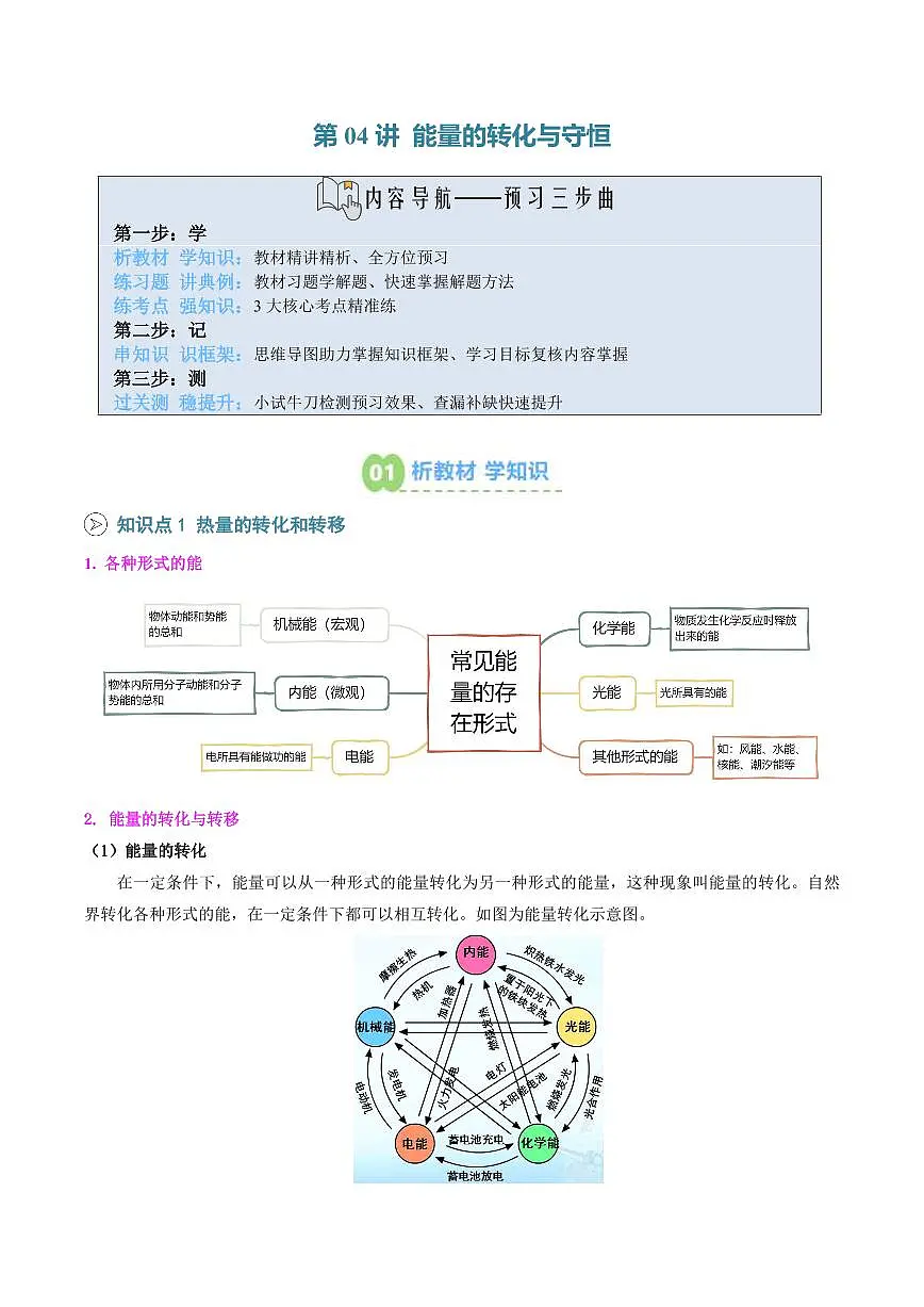 第04讲 能量的转化于守恒(预习)(原卷版)第1页
