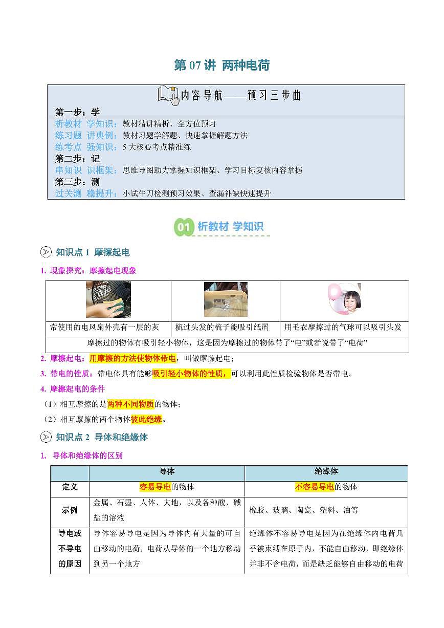 第07讲 两种电荷(预习)(解析版)第1页