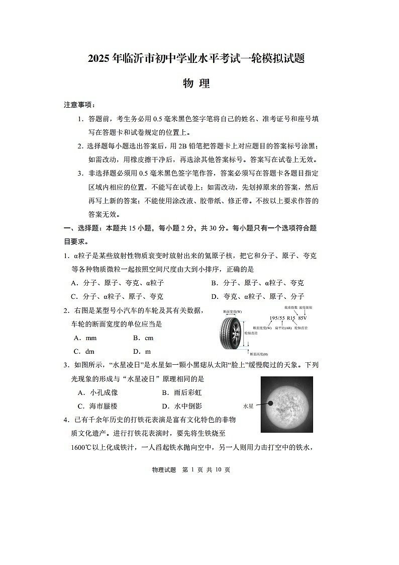 2025年山东省临沂市河东区中考一模（图片版）物理试卷第1页