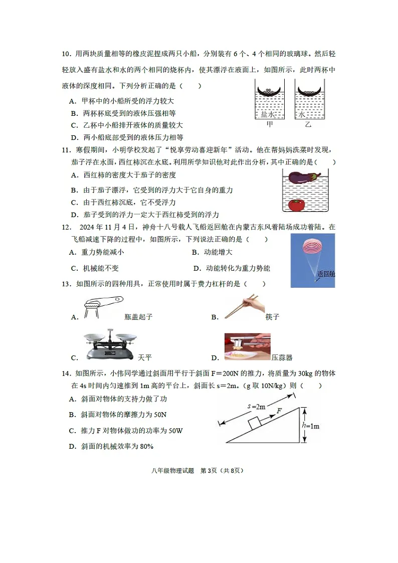 山东省聊城市茌平区2024—2025八年级下学期期末检测（图片版）物理试卷第3页