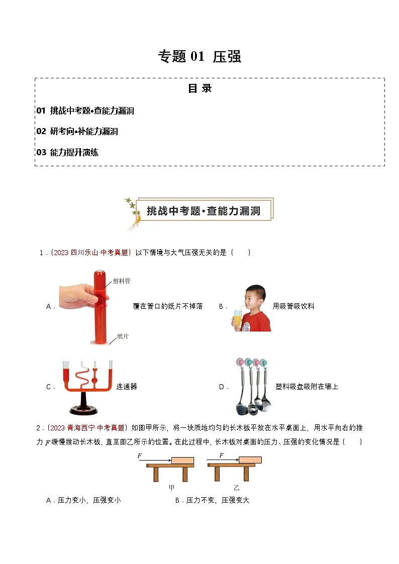专题01 压强（查补能力·提升练）（原卷版）第1页