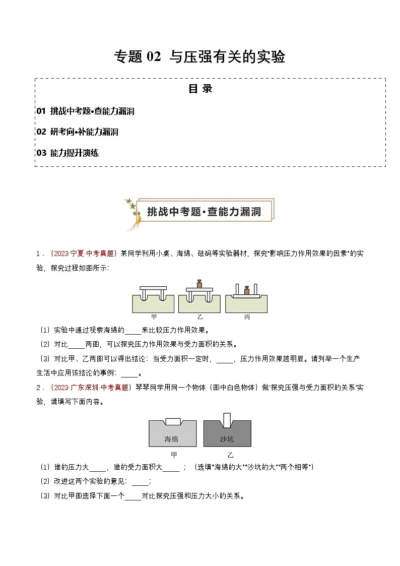 专题02 与压强有关的实验（查补能力·提升练）（原卷版）第1页