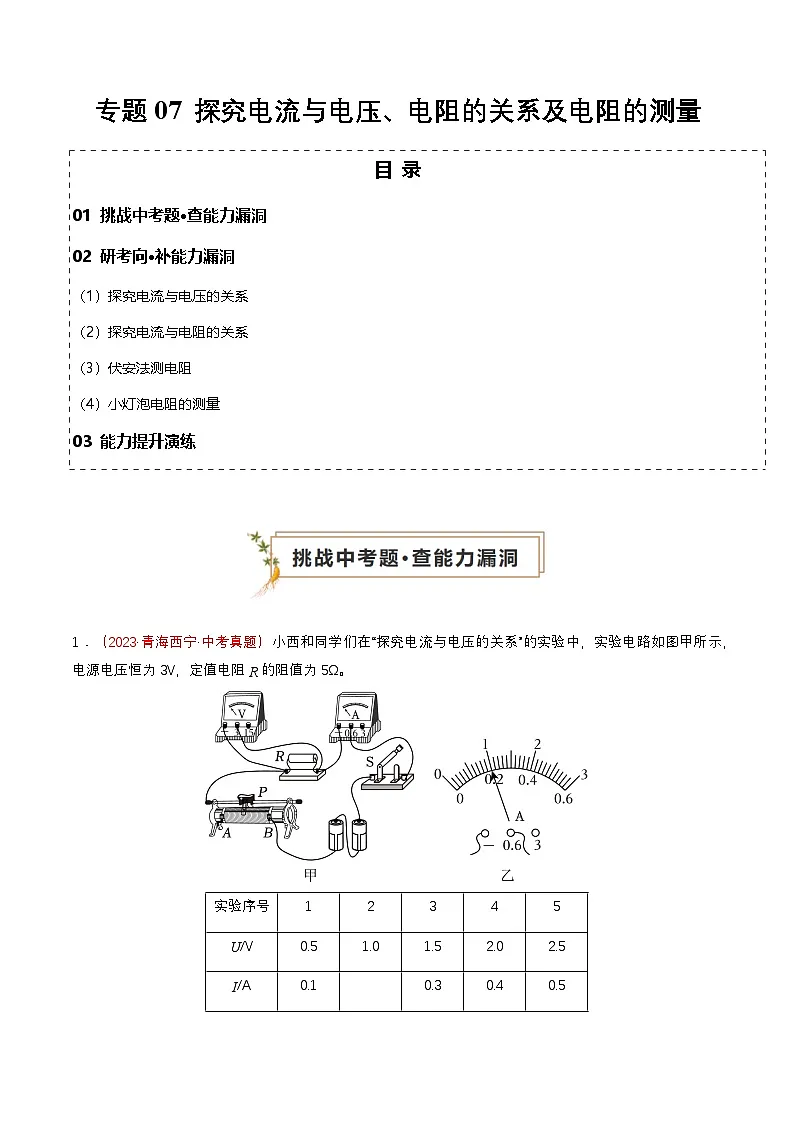 专题07 探究电流与电压、电阻的关系及电阻的测量（查补能力·提升练）（解析版）第1页