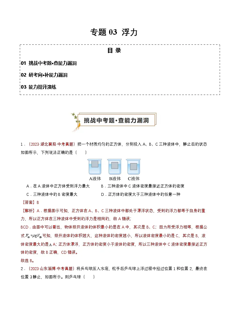 专题03 浮力（查补能力·提升练）（解析版）第1页
