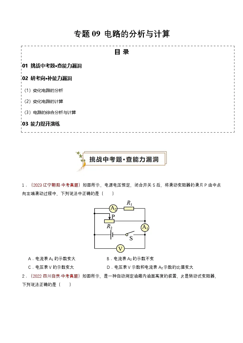 专题09 电路的分析与计算（查补能力·提升练）（原卷版）第1页