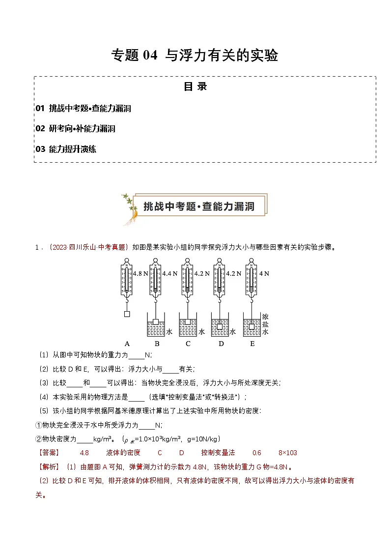 专题04 与浮力有关的实验（查补能力·提升练）（解析版）第1页
