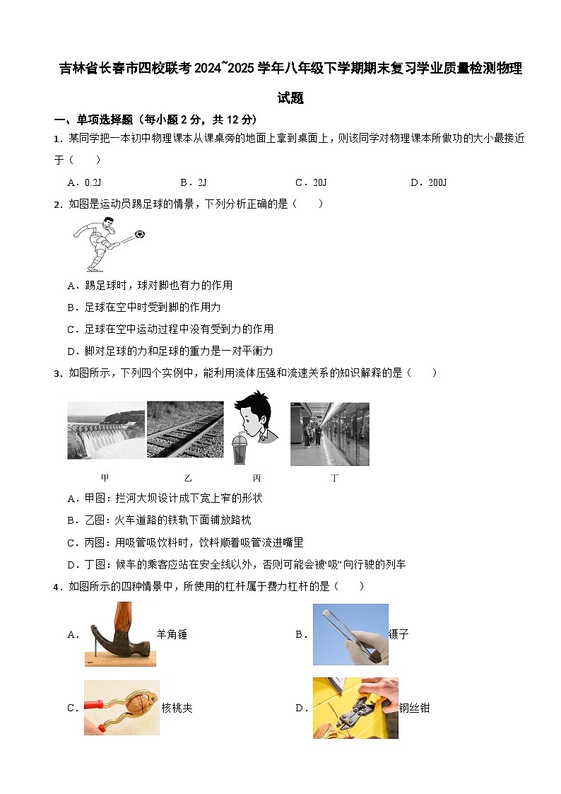 吉林省长春市四校联考2024~2025学年八年级下学期期末复习学业质量检测物理试题第1页