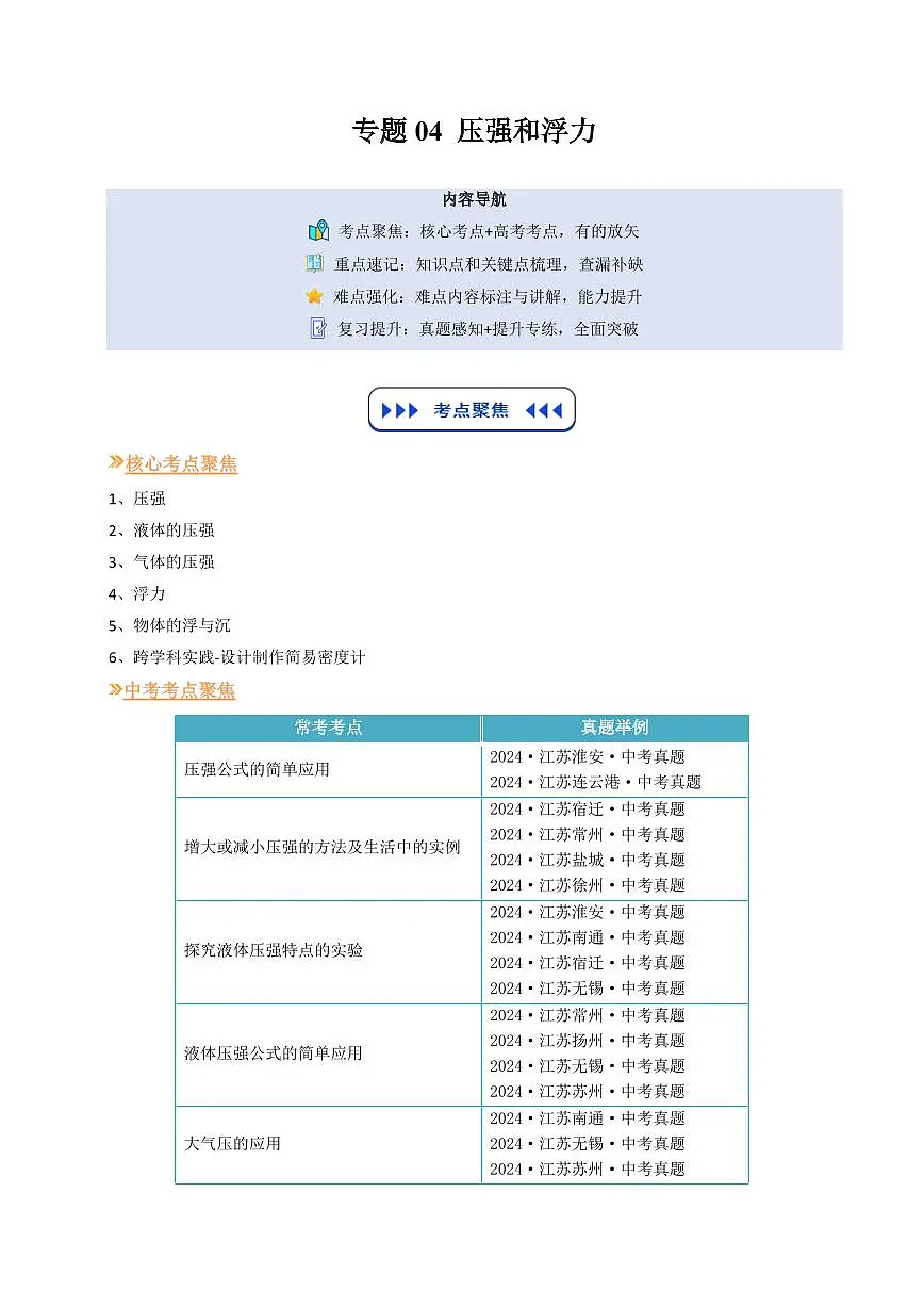 专题04 压强和浮力(复习)(原卷版)第1页