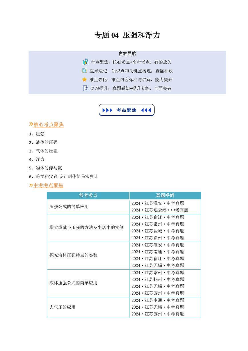 专题04 压强和浮力(复习)(原卷版)第1页