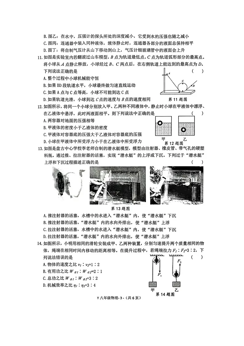 河南省驻马店市泌阳县2024-2025学年八年级下学期下6月期末真题（图片版）物理试卷第3页