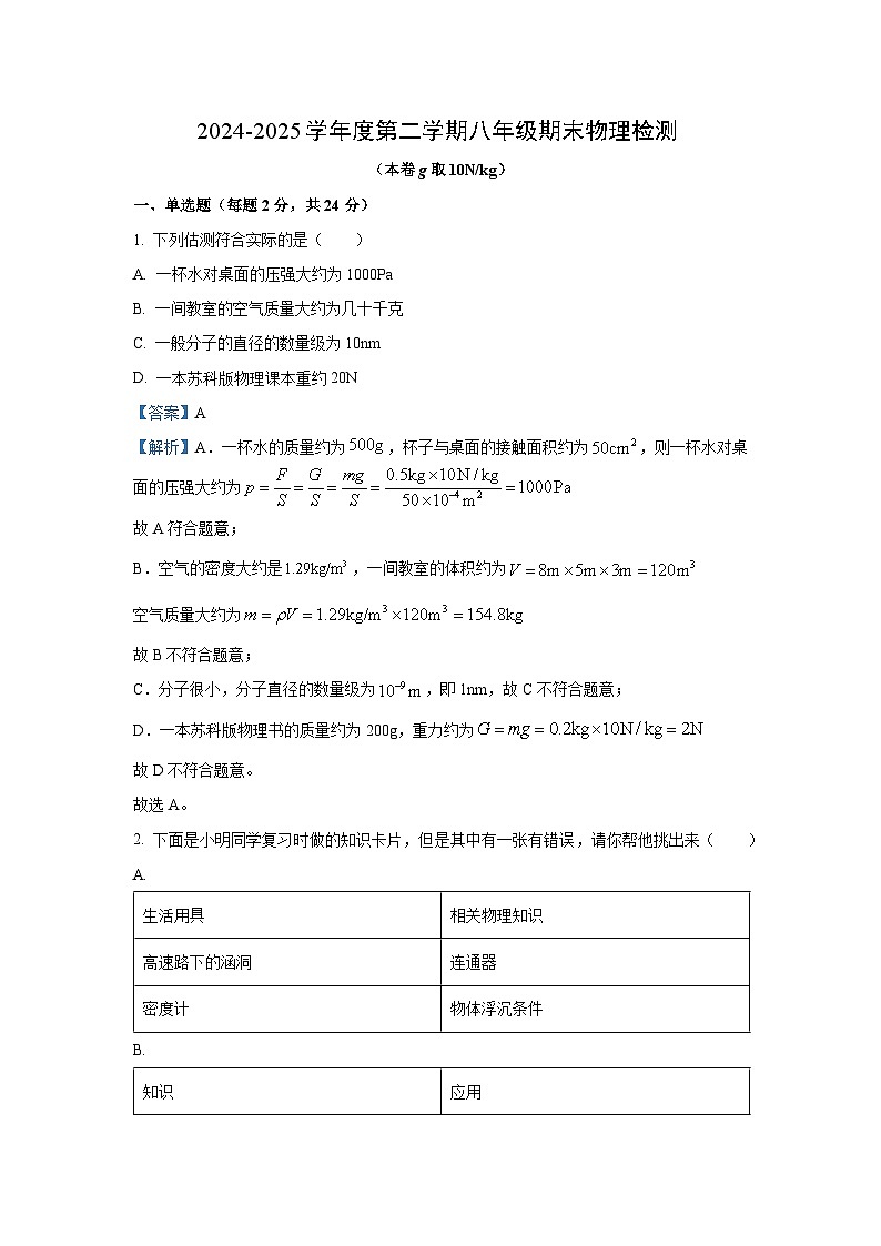 江苏省南京市秦淮区2024-2025学年八年级下学期期末真题物理试卷（解析版）第1页
