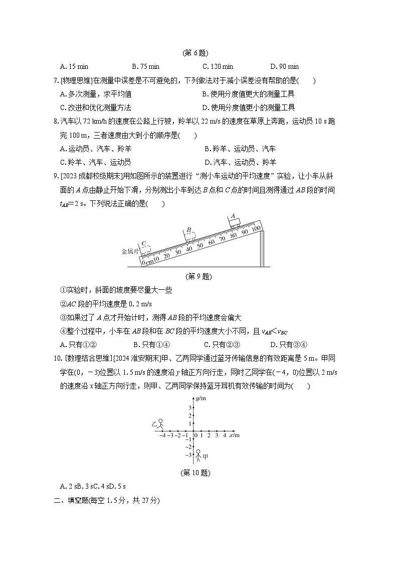 八年级物理上册 第一章　机械运动 单元测试卷（人教版 24秋）第2页