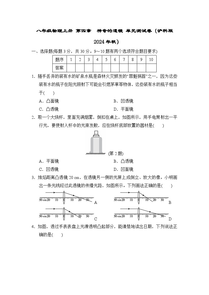 八年级物理上册 第四章　神奇的透镜 单元测试卷（沪科版 2024年秋）第1页