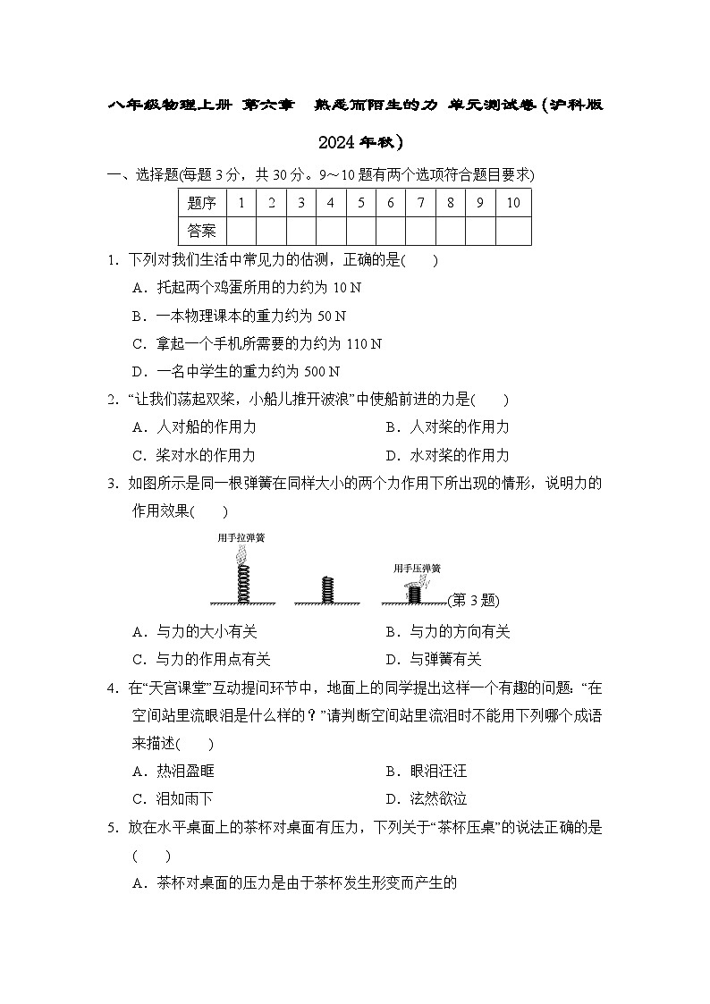 八年级物理上册 第六章　熟悉而陌生的力 单元测试卷（沪科版 2024年秋）第1页