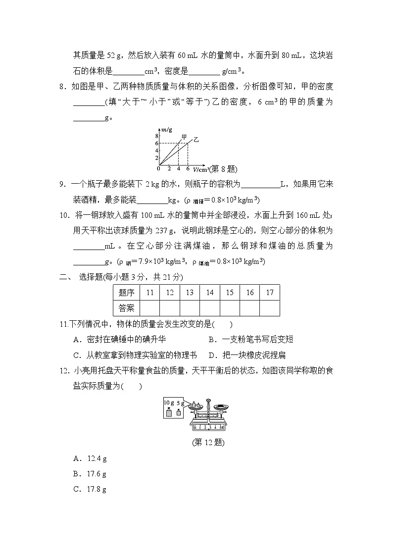 八年级物理上册 第五章　质量与密度 单元测试卷（沪粤版 2024年秋）第2页