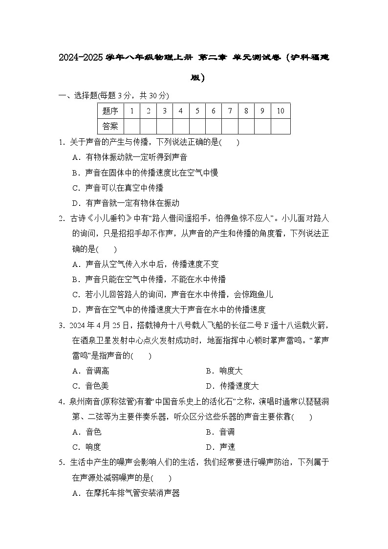 2024-2025学年八年级物理上册 第二章 单元测试卷（沪科福建版）第1页