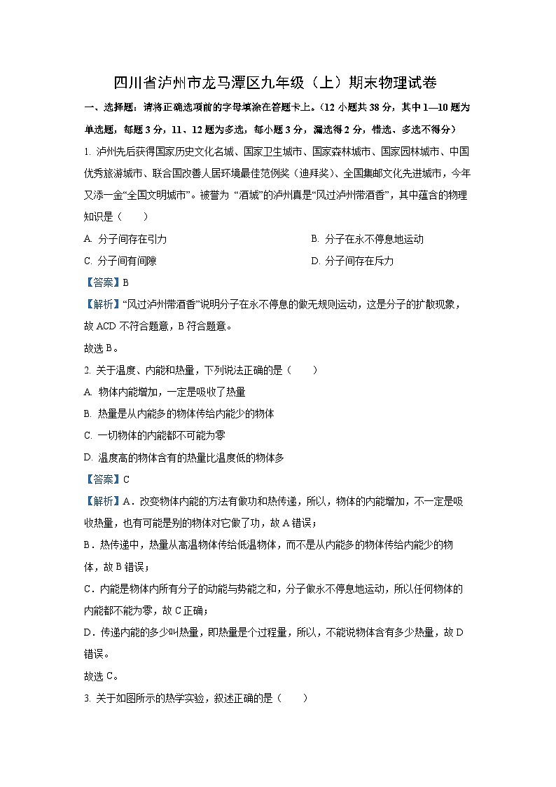【物理】四川省泸州市龙马潭区2023-2024学年九年级上学期期末试题（解析版）第1页